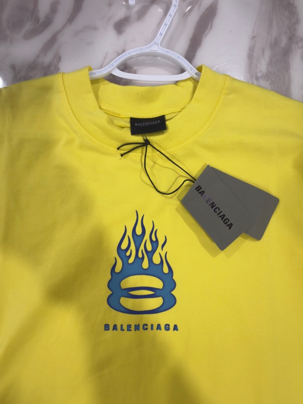 Balenciaga Yellow Tee with Blue Flame Logo large oversized like XL